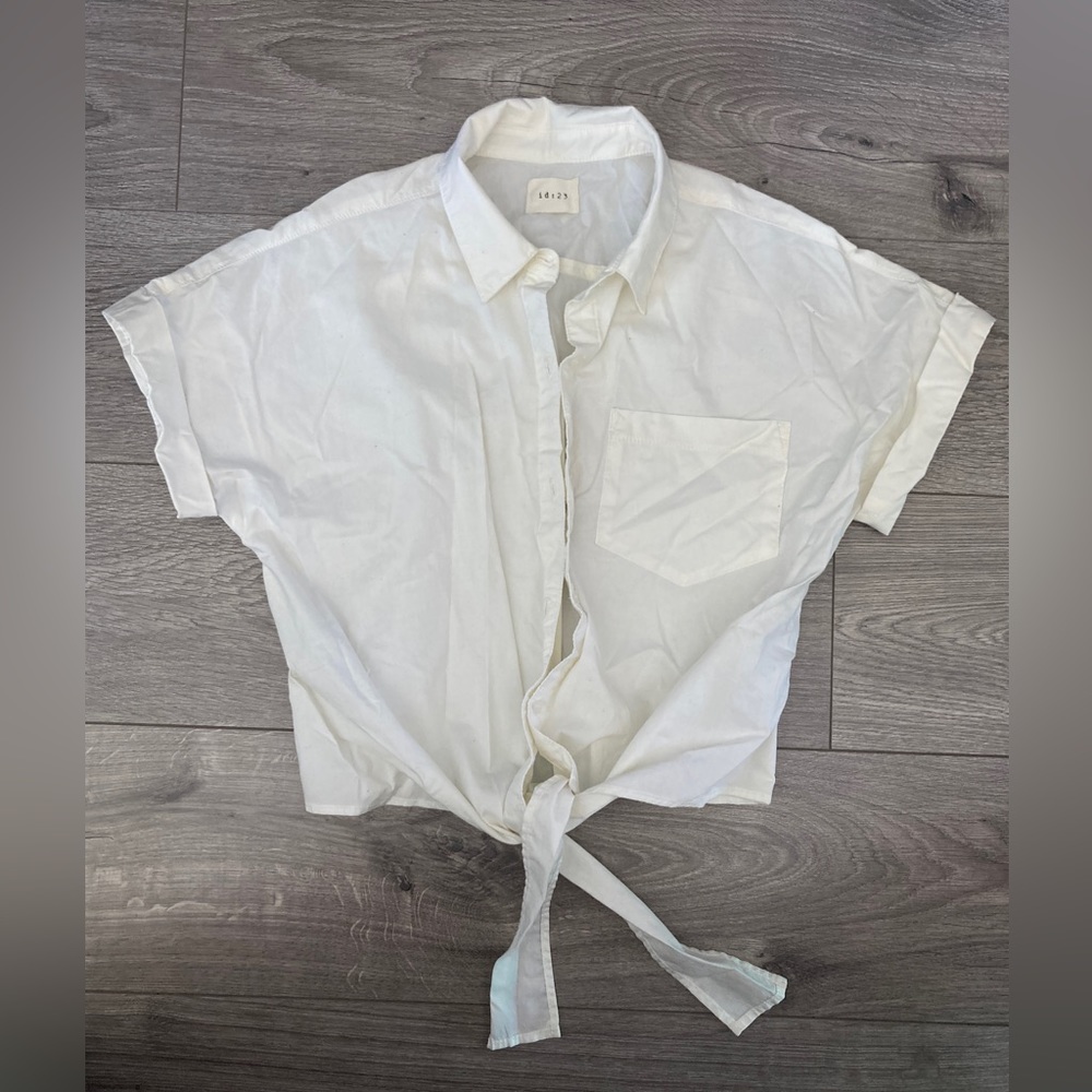 ID:23 crop top button up tie waist short sleeve white blouse